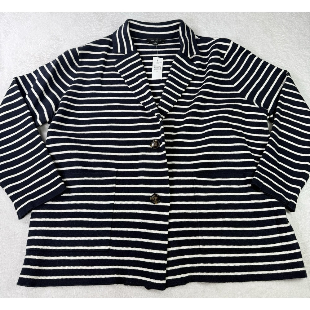 Ann Taylor Sweater Blazer Womens XL Striped Navy White Nautical NWT